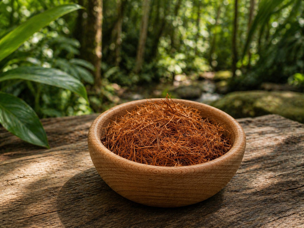  Drevená miska plná sušených vlákien a koreňov vilcacory na kmeňi stromu v tropickom pralese, zobrazujúca prírodný zdroj byliny so širokými vilcacora účinkami.