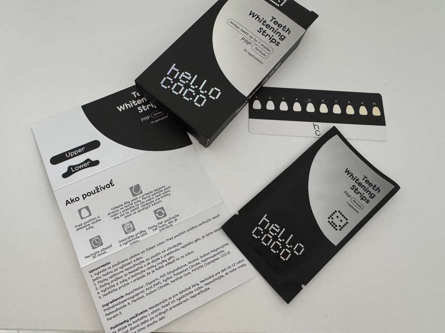  Domáce bielenie zubov s bieliacimi pásikmi Hello coco, jednoduchý postup aplikácie, rýchle výsledky a viditeľné zosvetlenie zubov až o niekoľko odtieňov.