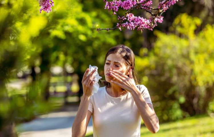 Peľový kalendár - alergia na peľ – Žena v parku kýcha pod rozkvitnutým stromom kvôli vysokej koncentrácii peľu.