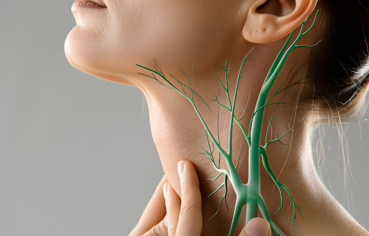 Anatomická ilustrácia lymfatických uzlín na krku – vizualizácia toho, kde sa nachádzajú lymfatické uzliny a ako sú prepojené v lymfatickom systéme.