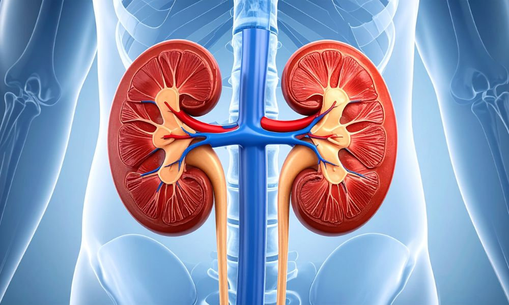  Detailná anatómia obličiek a močových ciest pri zápale močovej rúry alebo močového mechúra, zobrazenie pre lekárske účely