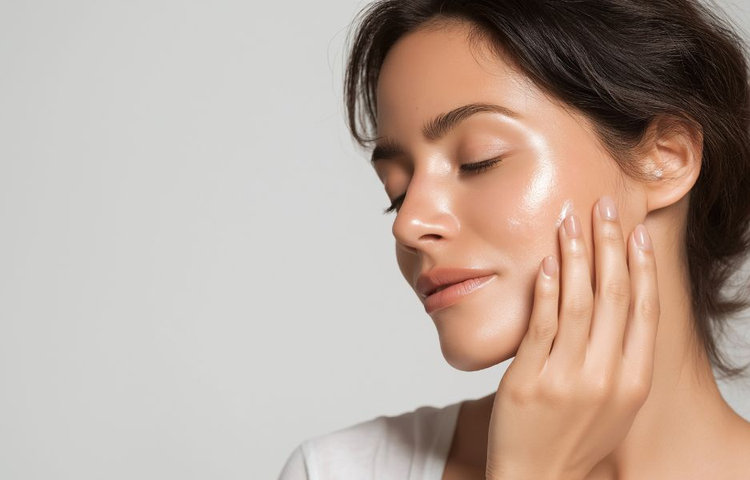 Žena s jemne lesklou pleťou si rukou dotýka tváre, čo znázorňuje suchú pokožku v zime, potrebu hydratácie pleti, ochranu kožnej bariéry a každodennú starostlivosť.