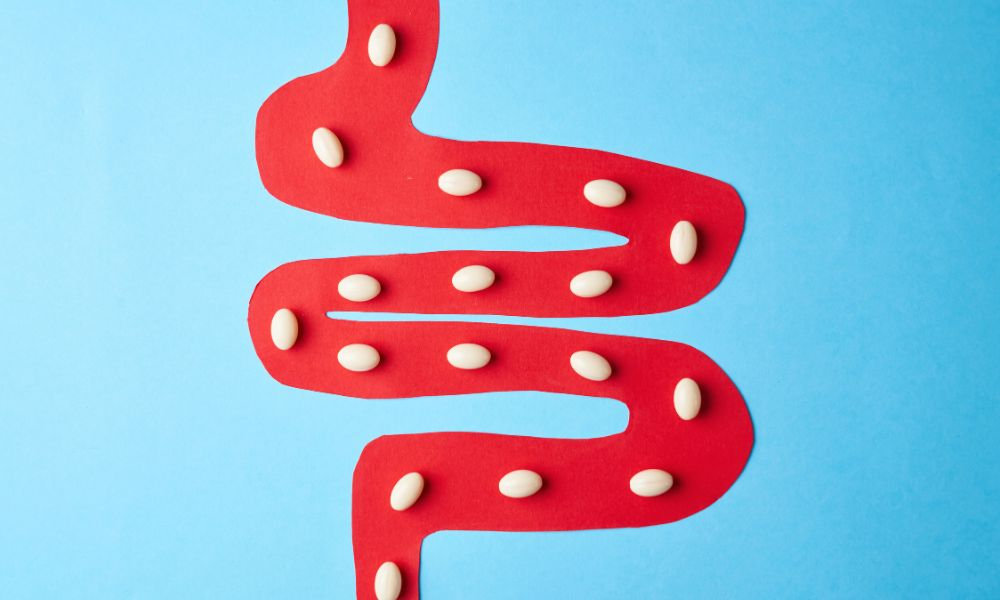  Ilustrácia čriev s naznačenými baktériami poukazuje na tráviaci trakt dieťaťa a význam probiotík pre bábätká pri budovaní zdravej črevnej mikroflóry a imunity.