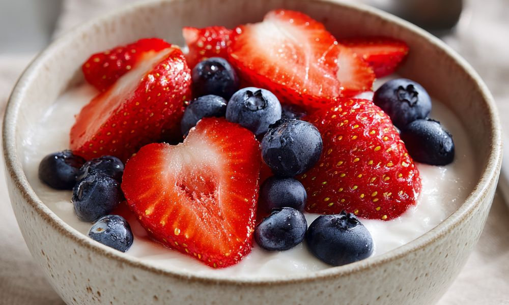  Miska bieleho jogurtu posypaná čerstvými jahodami a čučoriedkami, zobrazujúca prirodzený zdroj laktobacilov vhodný pre deti aj ženy v tehotenstve.