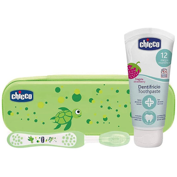 CHICCO Set zubná kefka s puzdrom+pasta Always Smiling zelená 12m+