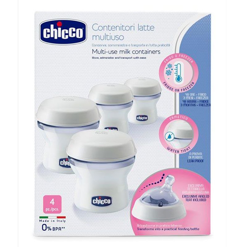E-shop CHICCO Zásobníky viacúčelové na materské mlieko s fľaškovou násadkou Natural Feeling, 4ks