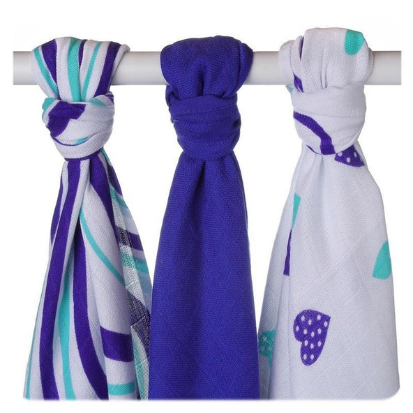 KIKKO Bambusové plienky XKKO BMB Hearts&Waves 70x70 (3 ks) - ocean blue