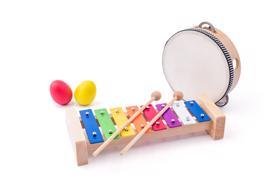 E-shop WOODY Muzikální set ( xylofon, tamburína/bubínek, triangl, 2 maracas vajíčka )