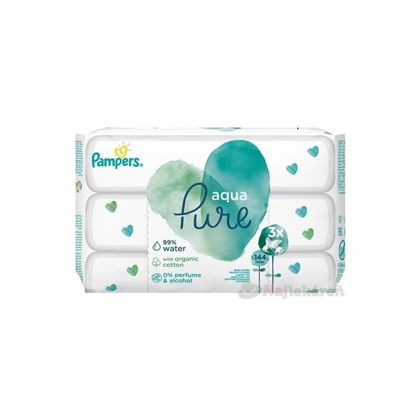 PAMPERS baby wipes PURE Aqua vlhčené obrúsky náplň 3x48 (144 ks)