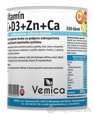 E-shop Vemica Vitamín C + D3 + Zn + Ca prášok 1x250 g