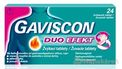 E-shop GAVISCON DUO EFEKT žuvacie tablety na liečbu príznakov súvisiacich so žalúdočnou kyselinou, tbl 24ks