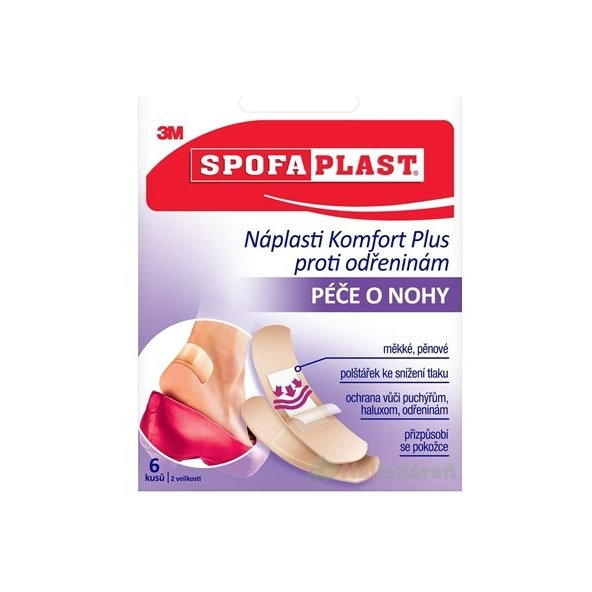 3M SPOFAPLAST č.187 Náplasti Komfort Plus, proti odreninám, starostlivosť o nohy, 2 veľkosti, 1x6 ks