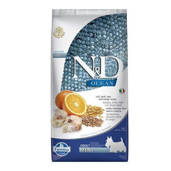 Farmina N&D dog OCEAN (AG) adult mini, codfish, spelt, oats & orange 7kg