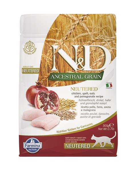E-shop Farmina N&D cat AG adult, neutered, chicken, spelt, oats & pomegranate 0,3kg