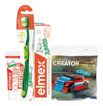 Elmex Junior balíček zubná pasta 50 ml zubná kefka + zubná pasta 12 ml + stavebnica