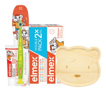Elmex detský balíček 2 ks zubná pasta 50 ml zubná kefka 3-6 rokov + zubná pasta 12 ml + drevený tanierik