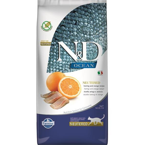 Farmina N&D cat OCEAN (GF) adult, neutered, herring & orange granule pre mačky 5kg