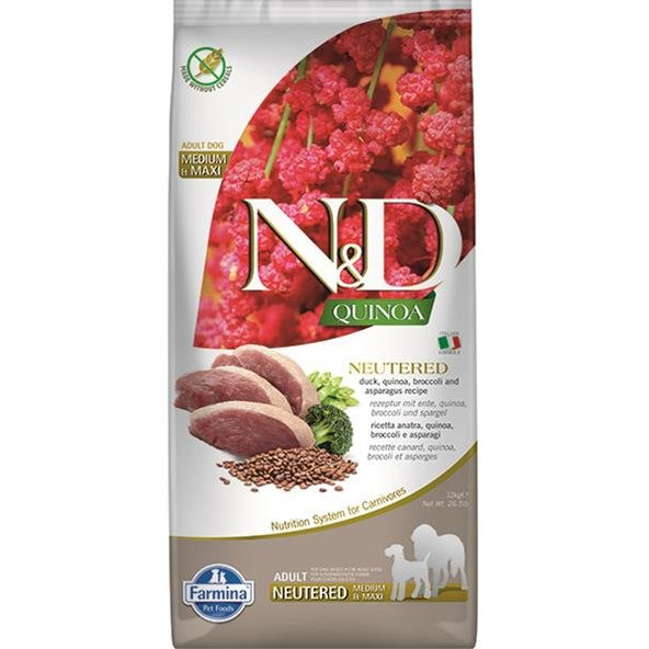 Farmina N&D dog QUINOA (GF) adult medium & maxi, neutered, duck, broccoli & asparagus 12kg