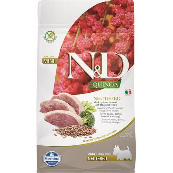 Farmina N&D dog QUINOA (GF) adult mini, neutered, duck, broccoli & asparagus 0,8kg