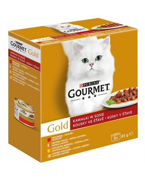 E-shop GOURMET GOLD Multipack hovädzie, morka, losos, kura v šťave konzervy pre mačky 8x85g
