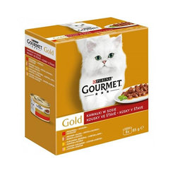 GOURMET GOLD Multipack hovädzie, morka, losos, kura v šťave konzervy pre mačky 8x85g