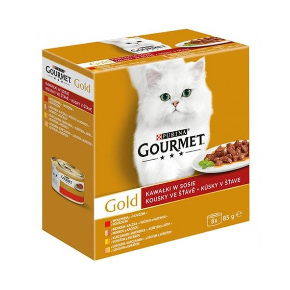 GOURMET GOLD Multipack hovädzie, morka, losos, kura v šťave konzervy pre mačky 8x85g