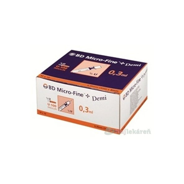 BD MICRO FINE + DEMI INZULIN.STRIEKAČKA U-100 s integrovanou ihlou 30G, objem 0,3 ml 100ks