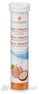 E-shop LIVSANE Zinok + Vitamín C šumivé tablety, príchuť broskyňa - mučenka 20 tbl