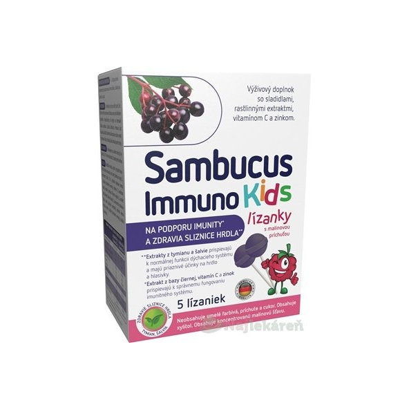 Sambucus Immuno Kids malinové lízanky na imunitu 5 ks