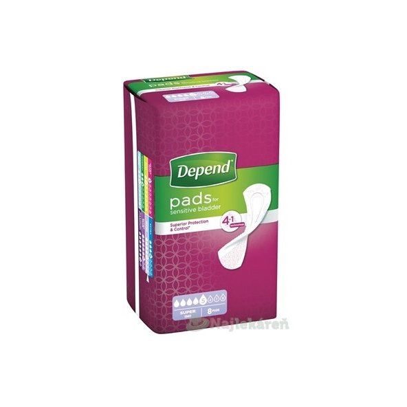 DEPEND SUPER inkontinenčné vložky pre ženy, 11x36cm, savosť 638ml 8ks