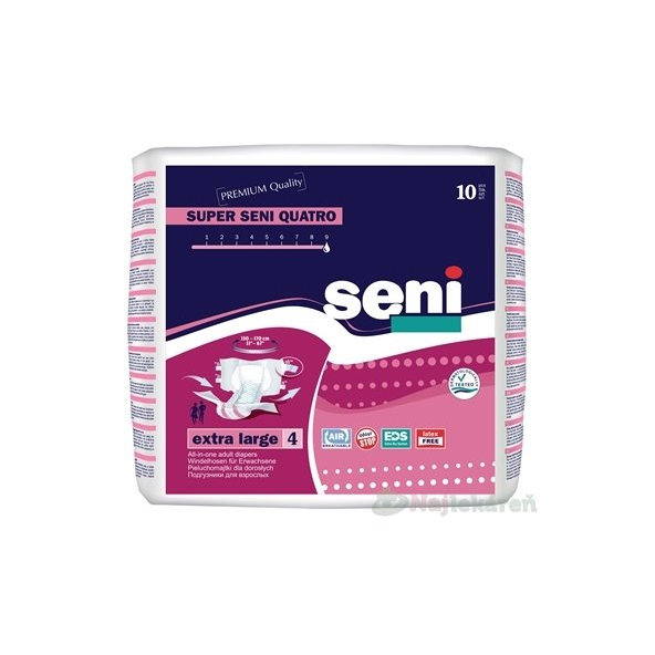 Seni SUPER QUATRO extra large 4 plienkové nohavičky, pás 130-170cm, 10ks