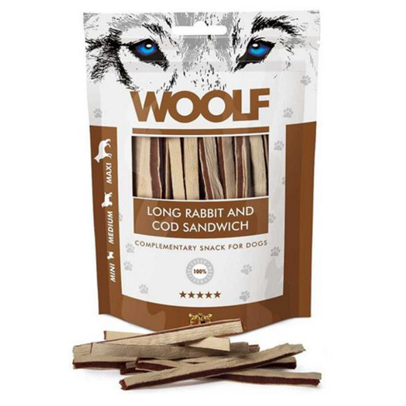 Maškrta Woolf sendvič s králikom a treskou pre psy 100g