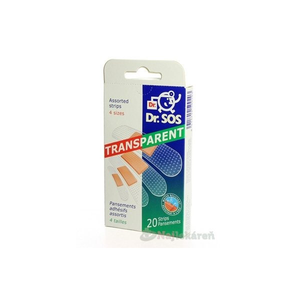 Dr. SOS Transparent náplasť prúžky mix vodeodolné (4 veľkosti) 20ks