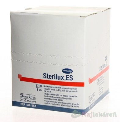 E-shop STERILUX ES kompres sterilný,so založenými okrajmi (7,5cmx7,5cm) 25x2 (50ks)