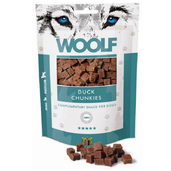 Maškrta Woolf kocky z kačacieho mäsa pre psy 100g