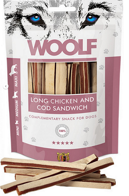 E-shop Maškrta Woolf kurací sendvič s treskou pre psy 100g