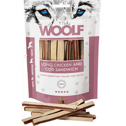 Maškrta Woolf kurací sendvič s treskou pre psy 100g