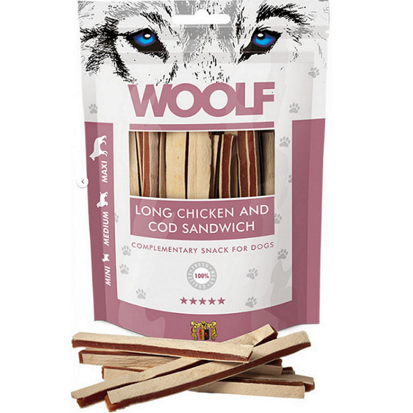 Maškrta Woolf kurací sendvič s treskou pre psy 100g