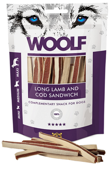 E-shop Maškrta Woolf jahňací sendvič s treskou pre psy 100g