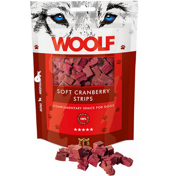 Maškrta Woolf kuracie prúžky s brusnicami pre psy 100g