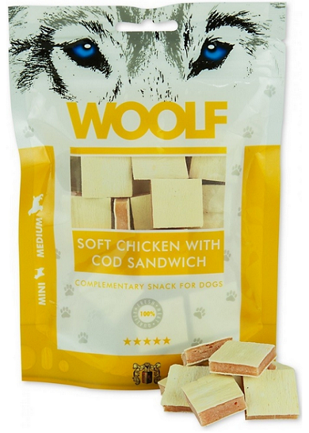 E-shop Maškrta Woolf mäkký kurací sendvič s treskou pre psy 100g