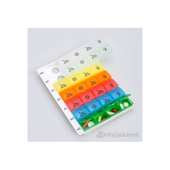 Obzor Dávkovač liekov typ 04 týždenný, dúhový 1ks