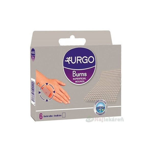 URGO Burns Na popáleniny, lipidokoloidná sterilná mriežka, 5x5cm, 6ks