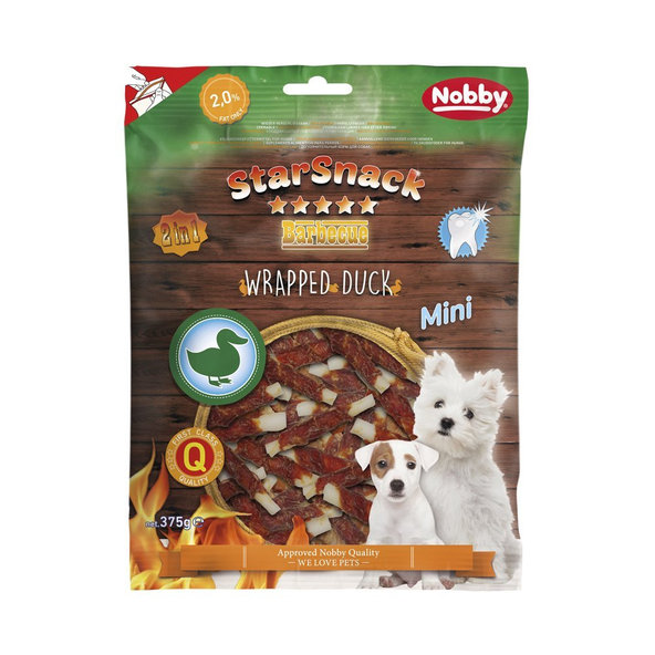 Pochúťka pre psy z byvolej kože s kačacím mäsom Mini Wrapped Duck 375g