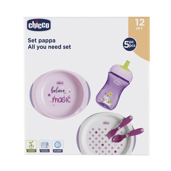 Jedálenský set - taniere, príbor, pohárik, 12m+ - ružový