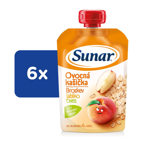 6x SUNAR Kapsička ovocná kašička broskyňa, jablko, ovsené vločky 120 g