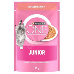 PURINA ONE cat Junior mini filetky s lososom a mrkvou v šťave kapsičky pre mačky 26x85g