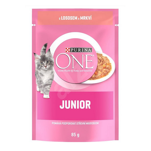 PURINA ONE cat Junior mini filetky s lososom a mrkvou v šťave kapsičky pre mačky 26x85g