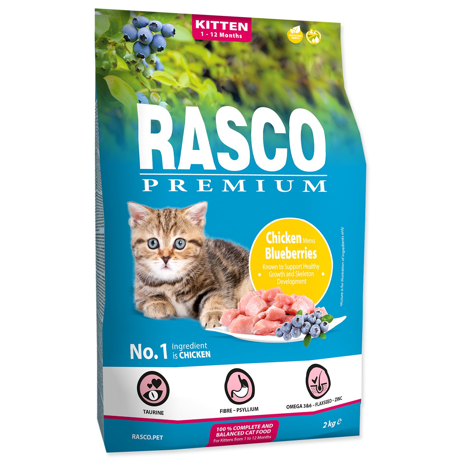 Krmivo Rasco Premium Kitten kura s čučoriedkou 2kg