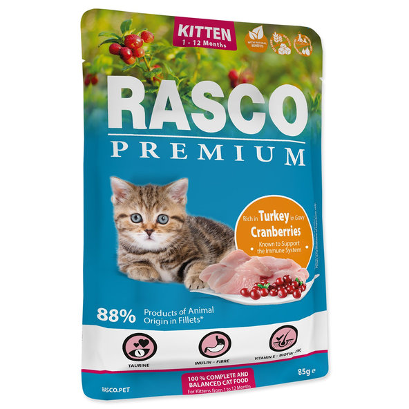 Rasco Premium Kitten kapsička morka s brusnicou 28 x 85 g